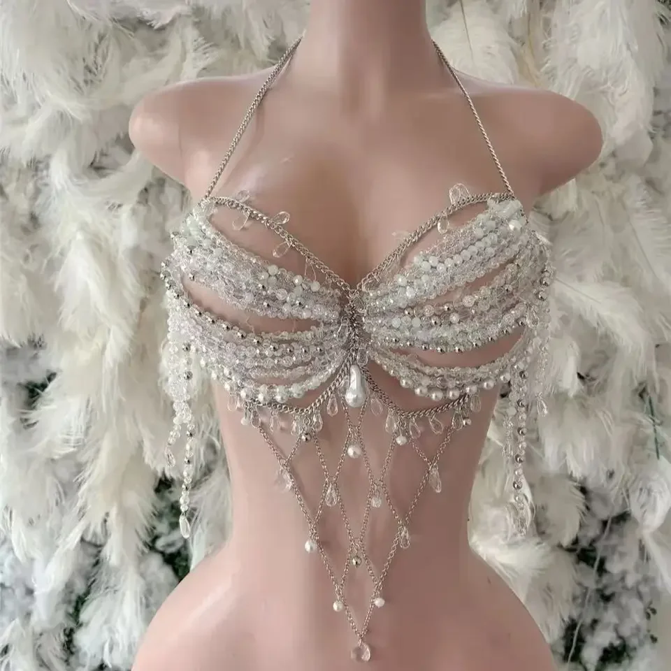 Summer Beach Vacation Handmade Beaded Necklace Metal Chain Fringe Halter Necklace with Openwork Tank Top Body Chain