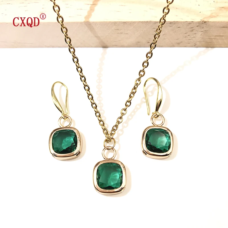 Colorful Clear Small Square Glass Pendant Necklace For Women Stainless Steel Chain Fashion Earrings Jewelry Accessories Set Gift image 3