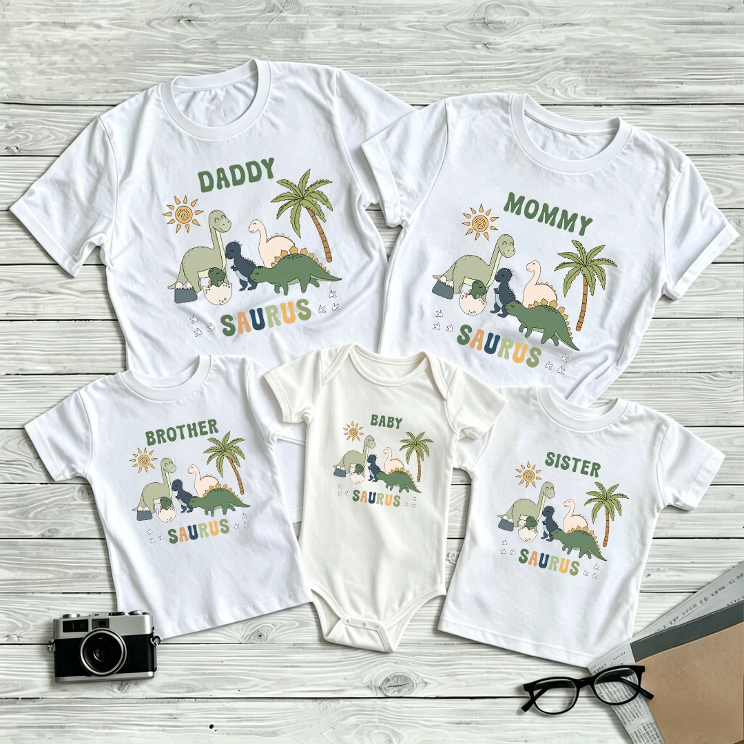 Cartoon Dinosaur Print Family Matching Outfits Tops Boy Birthday Party Family Look T-shirt Dad Mom Bro Sis Tee Shirt Baby Romper
