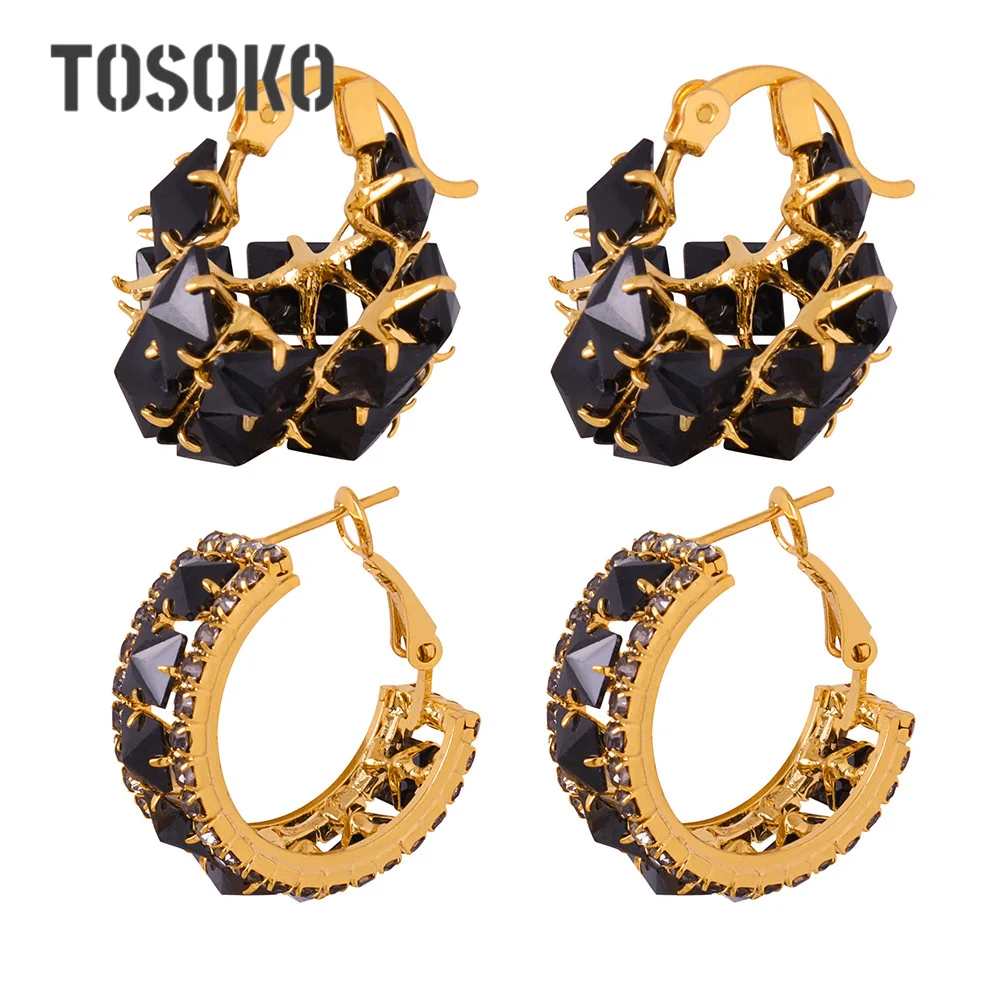 TOSOKO Geometric Jewelry Inlaid With Black Zircon Copper Material Earrings For Women's Fashionable Ear Rings BSF1101