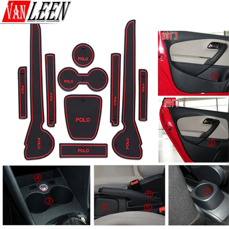 Anti-Slip Rubber Mats Gate Slot Cup Mat for VW POLO 6R 6C 2010 2011 2012 2013 2014 2015 2016 2017 MK5 VW GTI Accessories