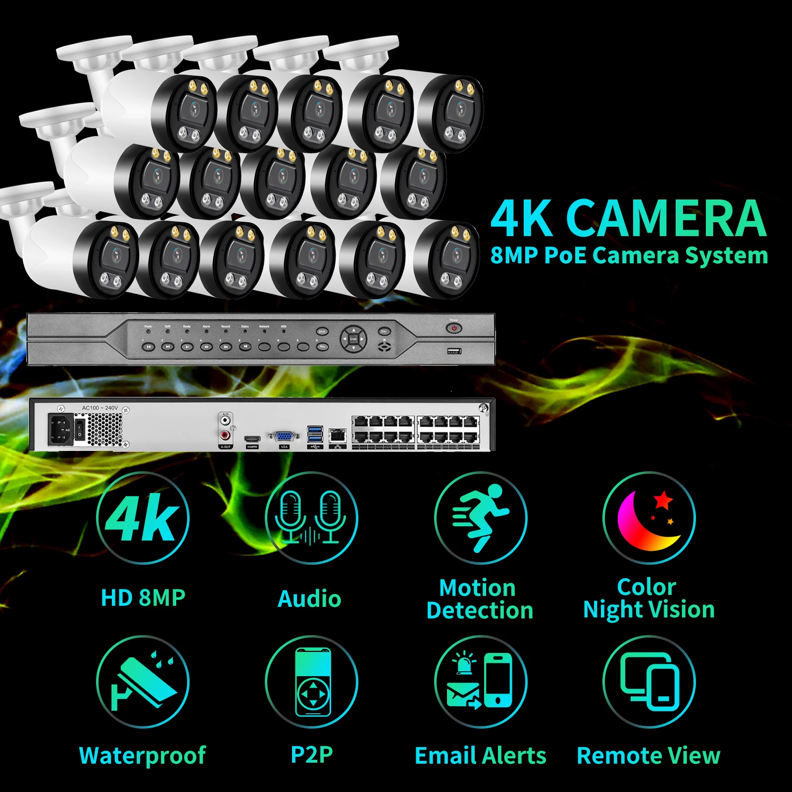 AZISHN Color Night Vision CCTV Segurança 16CH 4K POE NVR8MP Kit de vigilância de câmera IP