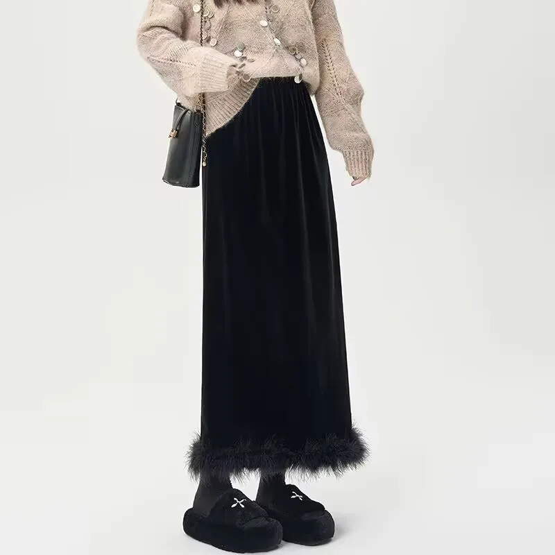 

Mid-long Canary Velve Half-length Skirt Women High Waist One-step Fleece Skirt Autumn Winter Hip Skirt Open-forked Elegant Skirt