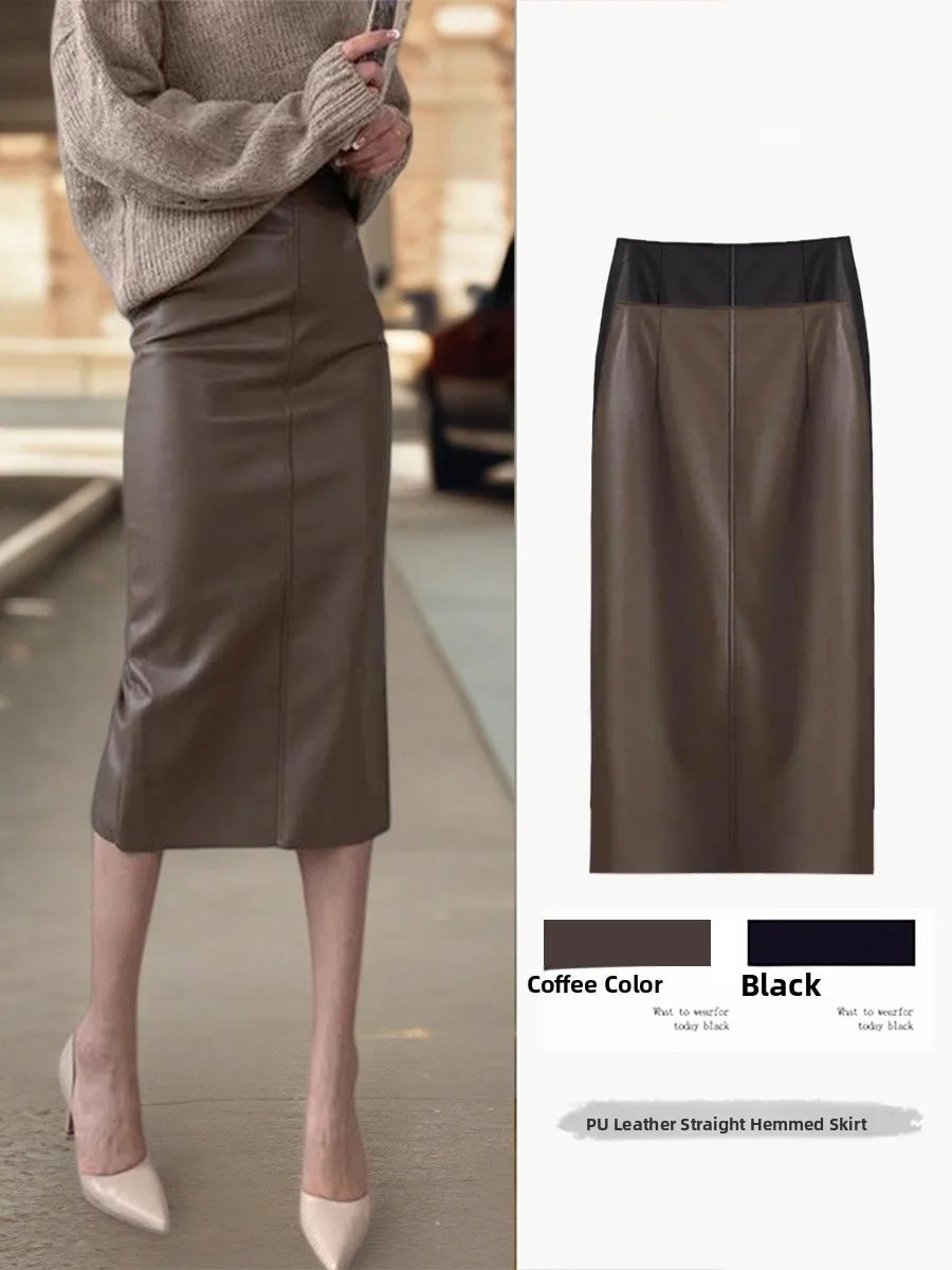

Busin Commute PU Leather Skirt Mid-Length Wrap around Zipper Design High Waist Simple Sle Women's Faion Ci Casual