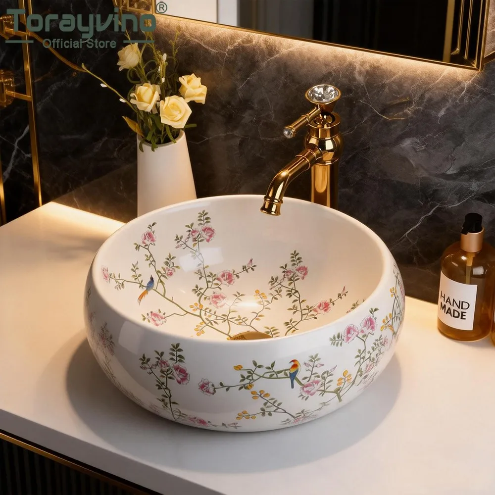 Torayvino Ceramic Bathroom Vessel sink Basin Faucet Set countertop Washhand stand Pattern Round Vanity Sink guest marble sink