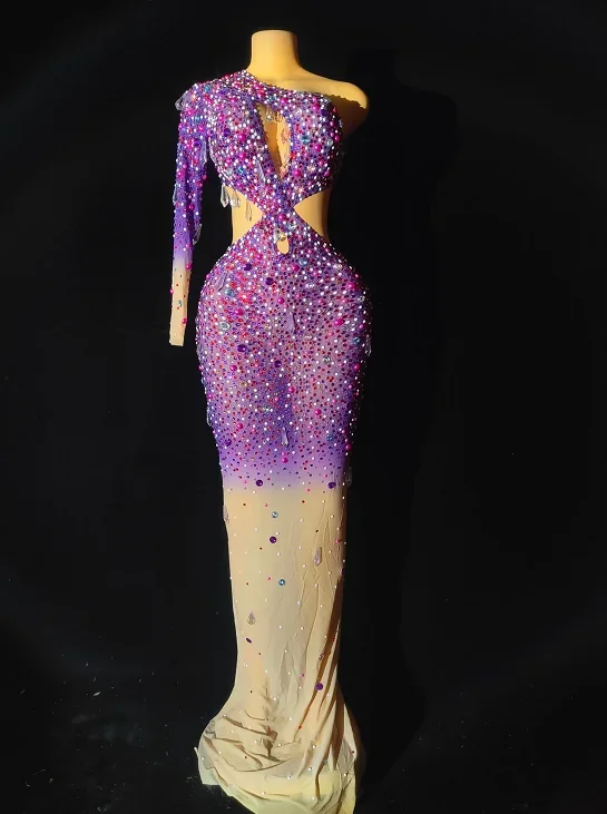 Sexy strass multicolori perla trasparente abito lungo compleanno festeggia abito monospalla Prom Party Photo Shoot Dress