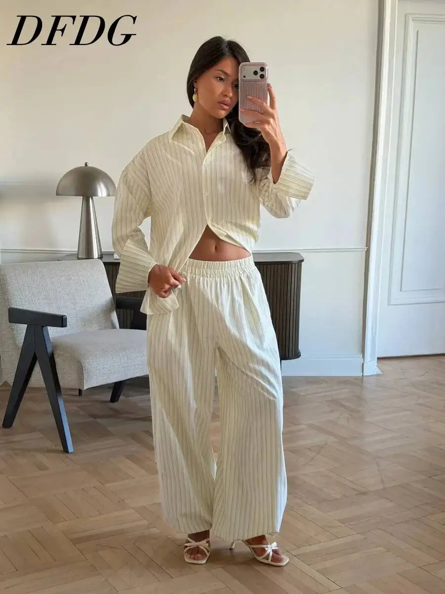 

DFDG Women 2026 Spring Summer Striped Two Piece Outfit Lapel Oversized Shirt Elastic High Waist Wide Leg Pants Vacation Set