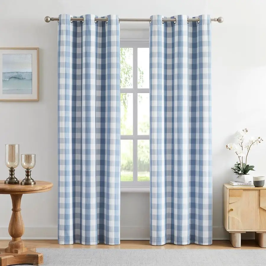 

Blue White Buffalo Plaid Full Blackout Curtains 84 Inch Long for Bedroom Living Room Farmhouse Check Patterned Drapes Thermal In
