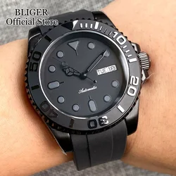 20ATM Waterproof PVD Case 40mm Sterile Black Dial Mechanical Automatic Mens Watch NH36A Curved End Rubber Strap Week Display