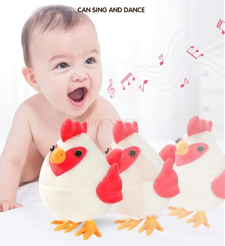 Uma pequena boneca de frango falante, brinquedo de pelúcia elétrico de quebra-cabeça infantil, pode andar e tocar música