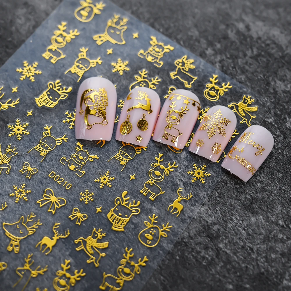 1pc Winter Xmas 2025 New Year Nail Stickers Christmas Laser Snowflake Bow Elk 3D Nail Decals Gold Red Christmas Manicure Sliders