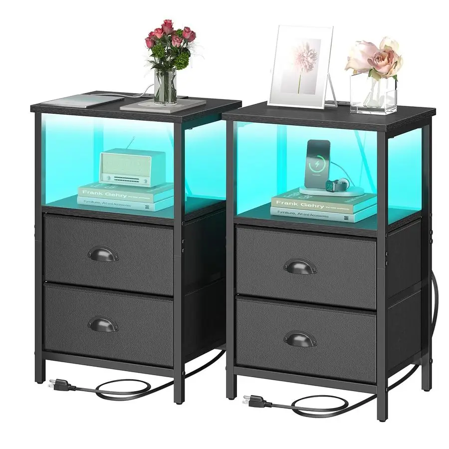 

с зарядной станцией, набор прикроватных тумбочек со светодиодной подсветкой, 2 прикроватных столика, набор из 2 шт., стол для спальни с 2 тканевыми ящиками, отделка из искусственной кожи,