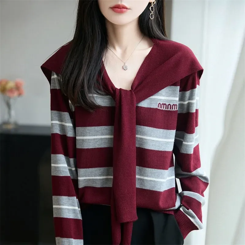 

French Shawl Contrast Striped Knitted Sweater Women's Autumn Fashion Loose Long Sleeve Pullovers