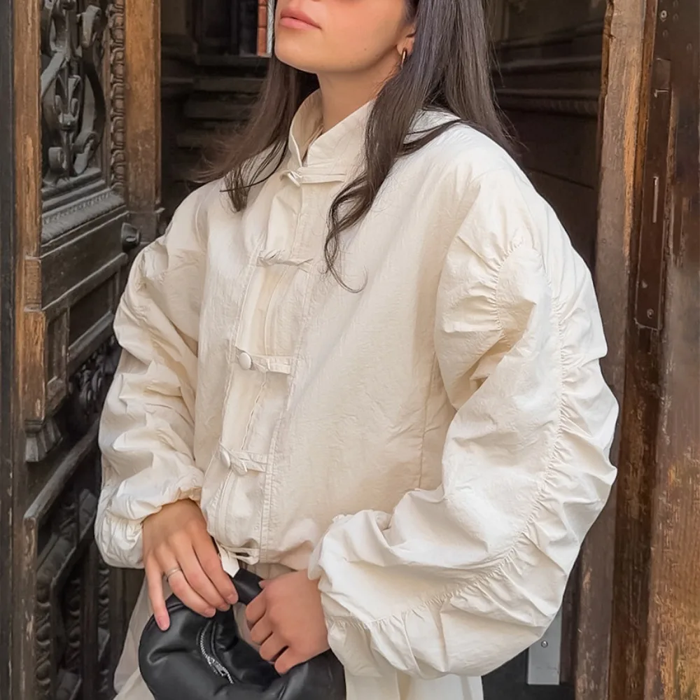 Chinese Style Buckle Stand Collar Casual Jacket Spring and Autumn Women's Windproof Waterproof Daily Office Travel Campus Jacket