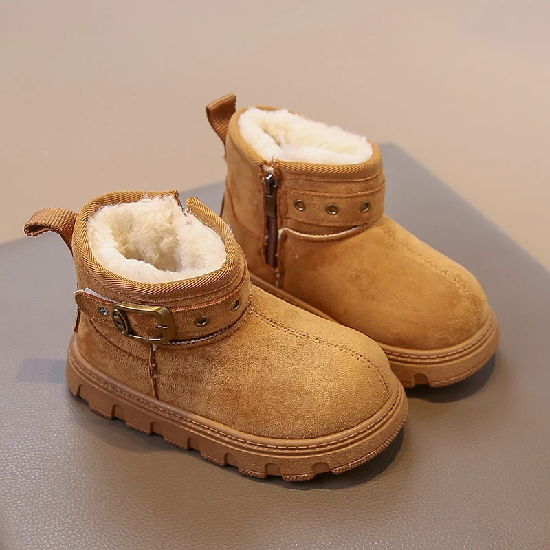 

Удобные зимние ботинки с меховой подошвой, детские зимние замшевые ботильоны на массивной платформе с пряжкой, зима 202, теплая плюшевая хлопковая обувь