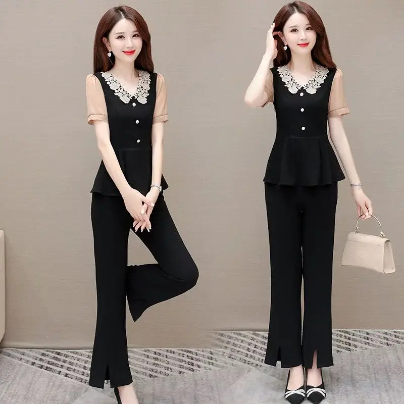 Ensembles de pantalons à col claudine surdimensionnés pour femmes, haut à volants, pantalons à jambes larges, tenues de tailleur-pantalon, vêtements d'été, nouvelle mode, 2 pièces, 2024