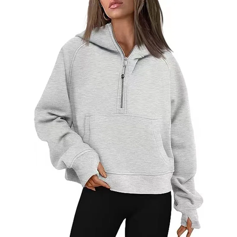 Chaqueta con capucha de media cremallera para mujer, chándal cálido de manga larga, Sudadera corta, abrigo deportivo de invierno, ropa de calle divertida