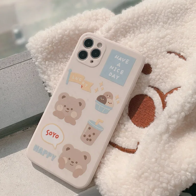 Retro Sweet Bubble tea Milk tea bear Phone Case for apple iPhone 16 15 14 13 12 11 Pro Max 14 Plus Xr 15 16 Plus case Cute Cover