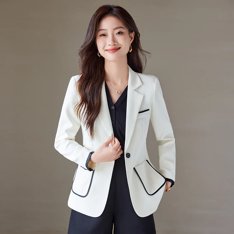 

2024 New Long Sleeve Blazer Women Fall Temperament OL Commuter One Button Suit Elegant Solid Color Suit Collar Cropped Jacket