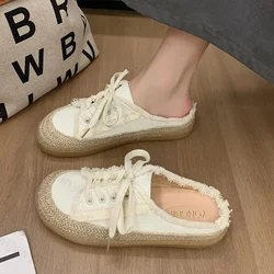 Fashion Casual Lace Up Canvas Shoes for Women 2024 Autumn New Designer Half Slipper Shoes Female Flat Casual Sneakers Ladies