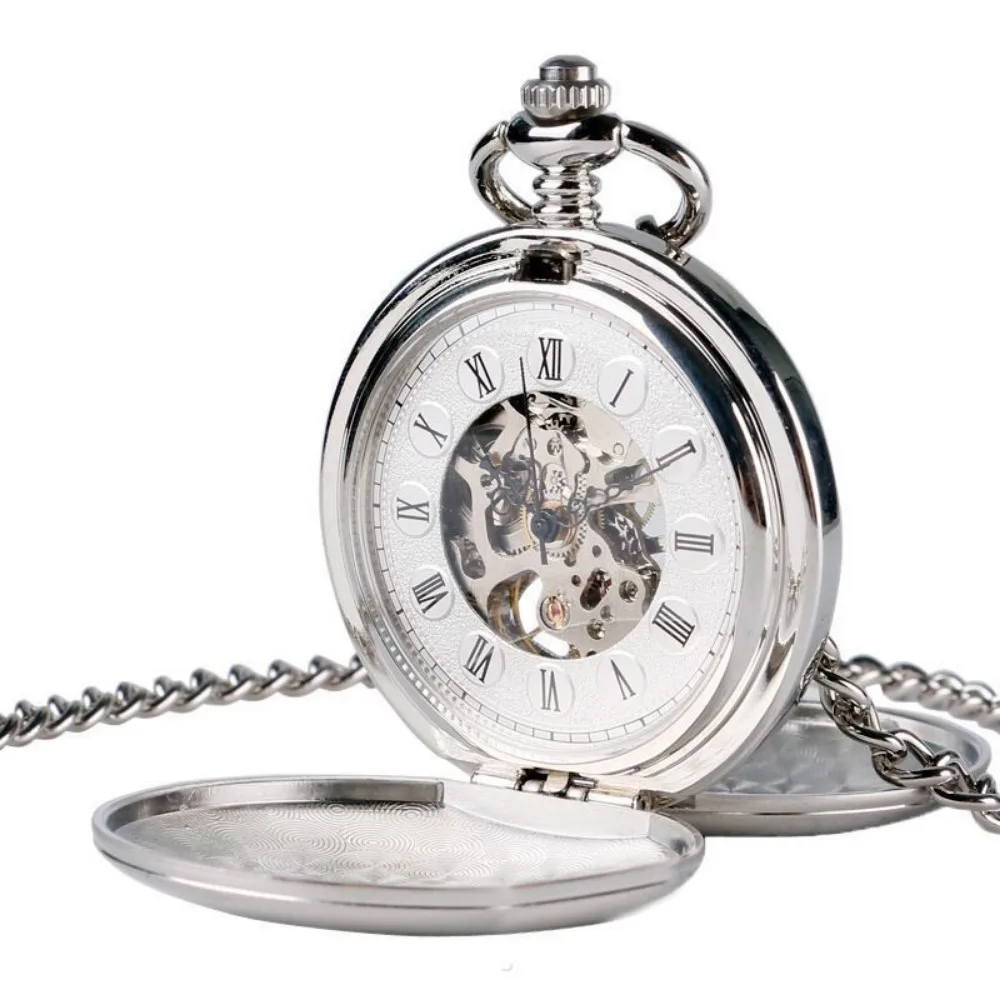 Punk Mechanisch Zakhorloge Skelet Dubbele Kast Hand-Wind Romeinse Cijfers Antieke Ketting Heren Retro Ornamenten