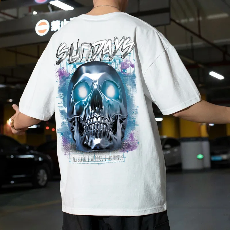 Men T Shirt Gothic Thriller Skull Print Comfortable Cotton Men Tshirt Summer Cool Breathable Casual O-neck Short Sleeve Clothes image 6