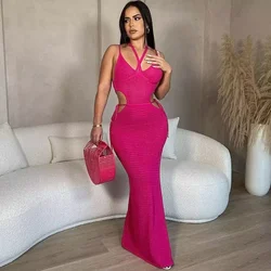 Sexy Knitting Backless Summer Dress Women Spaghetti Strap V-neck Hollow Out Bodycon Maxi Dress Elegant Side Slit Beach Dress