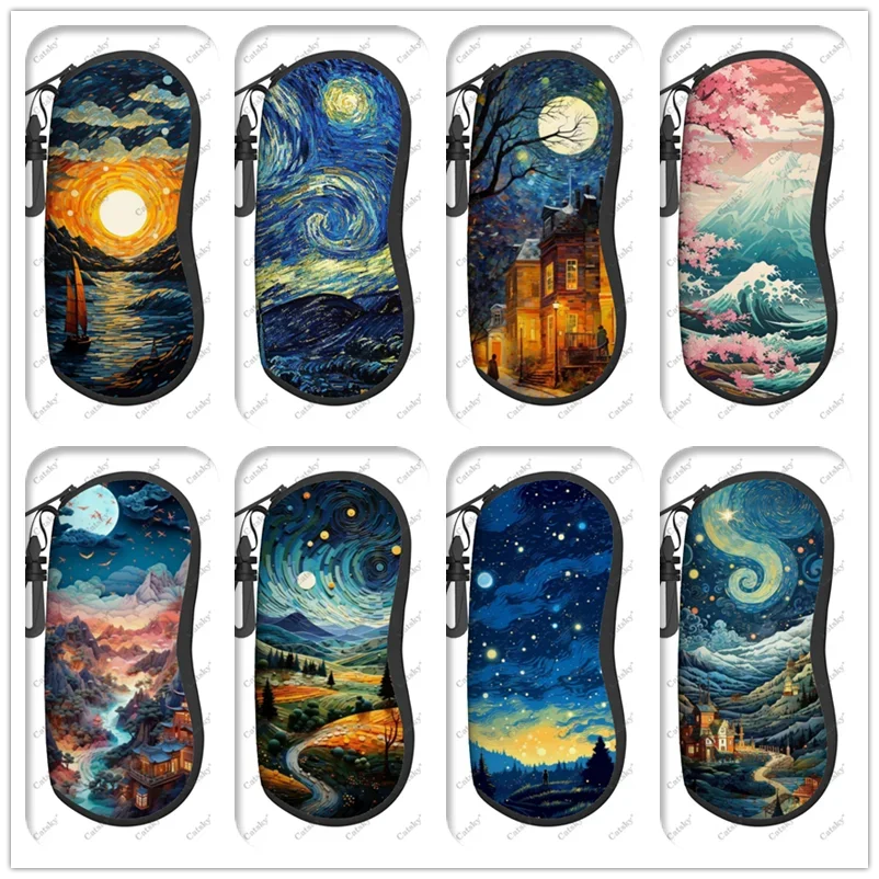 Aesthetic Night Sky Wave cherry blossoms Glasses Case Printed Travel Zipper Sunglasses Bag Pattern Classic  Storage Glasses Bag