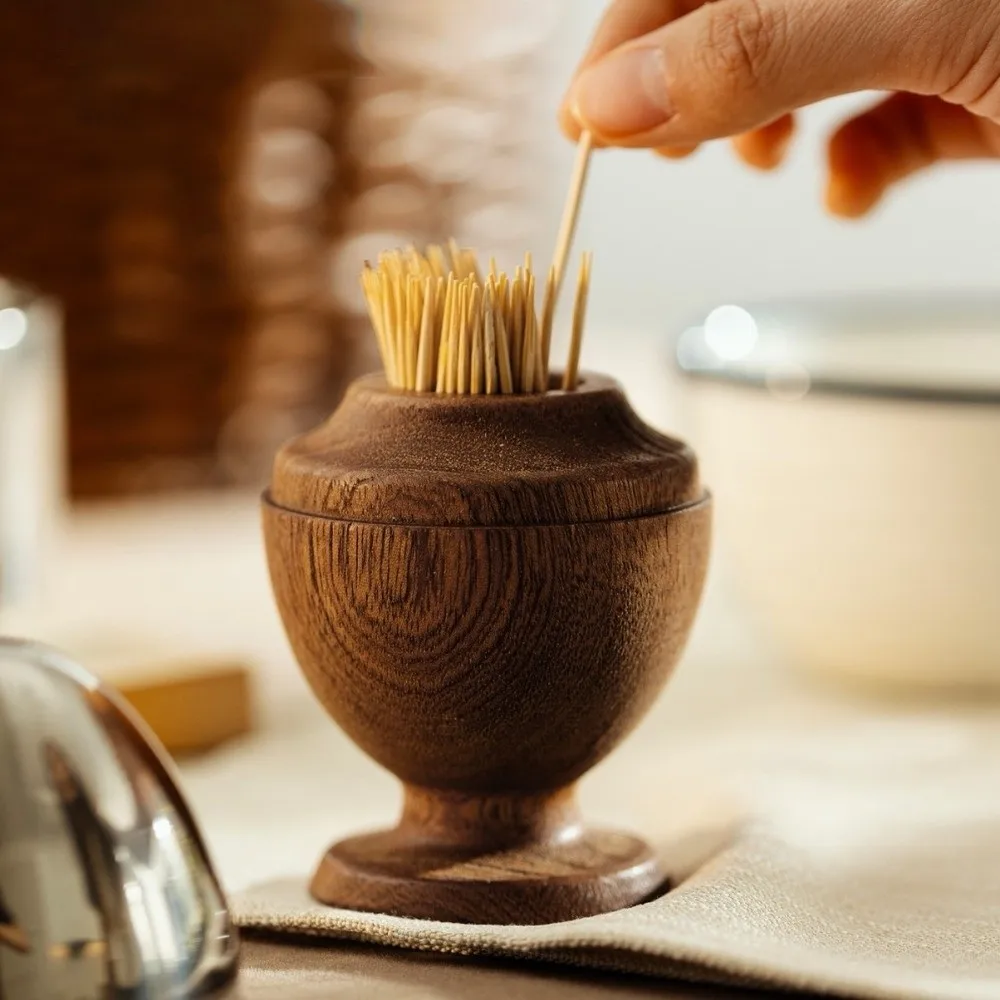 

Stainless Steel Ebony Wood Toothpick Holder Retro Mini Egg-shaped Toothpick Dispenser Box Elegant Simple Cotton Swab Storage Jar