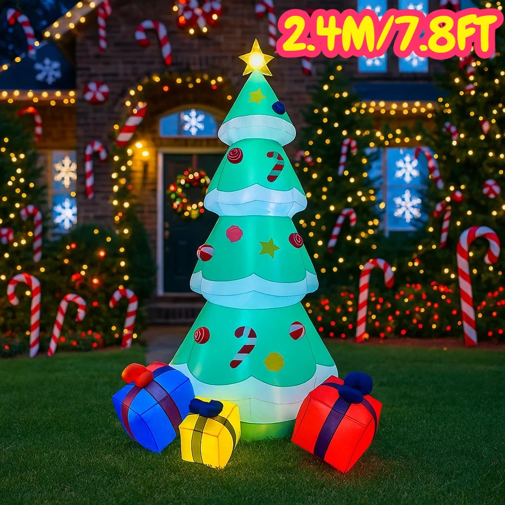Cajas de regalo inflables para árbol de Navidad, 2,4 M/7,8 pies, luces LED para exteriores, decoraciones para el hogar, juguetes, patio, decoración de iluminación para fiestas navideñas