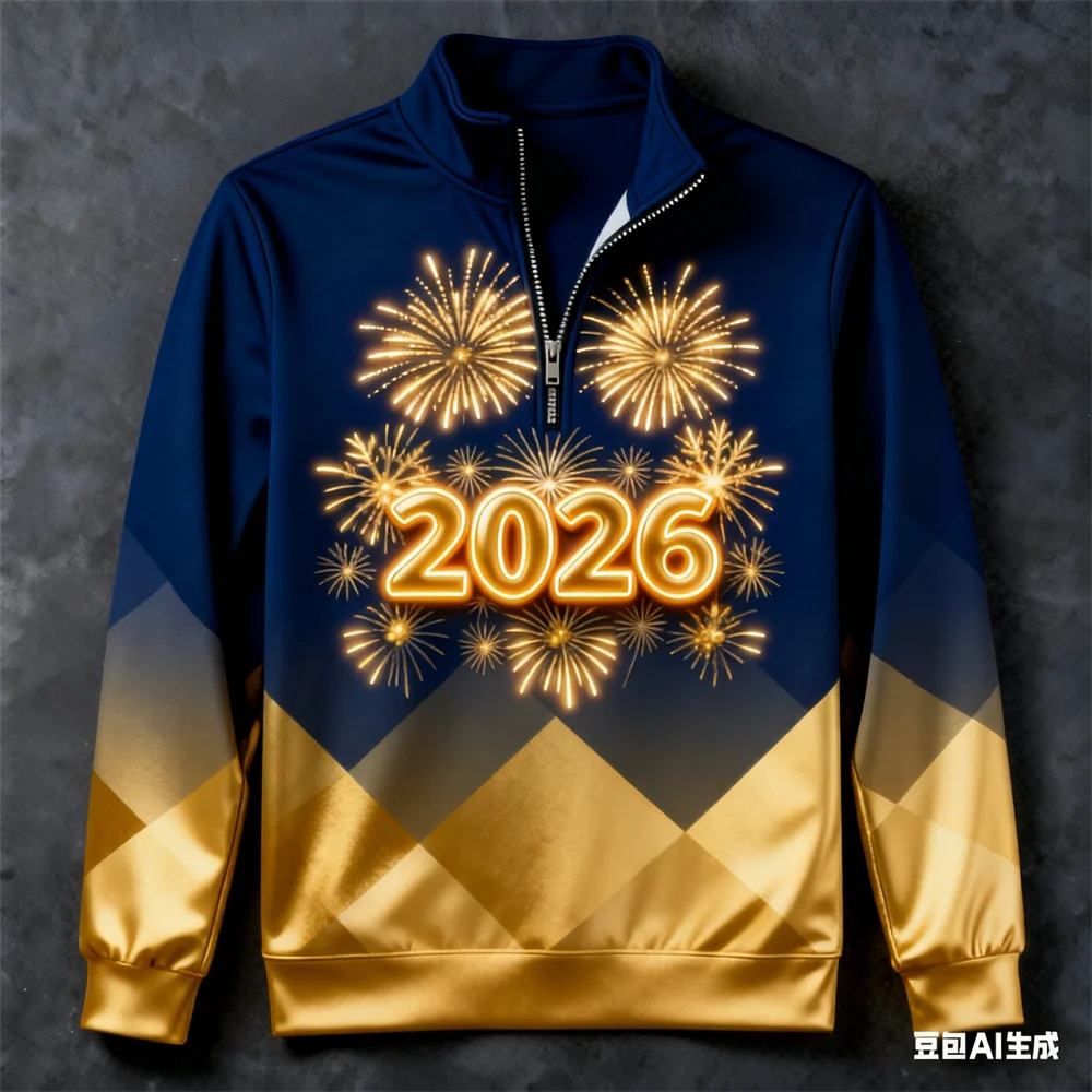 

Creative Gradient Plaid Pattern Zipper Sweatshirts 2026 Happy New Year Theme Long Sleeve Tees Fashion Outdoor Street Casual Tops