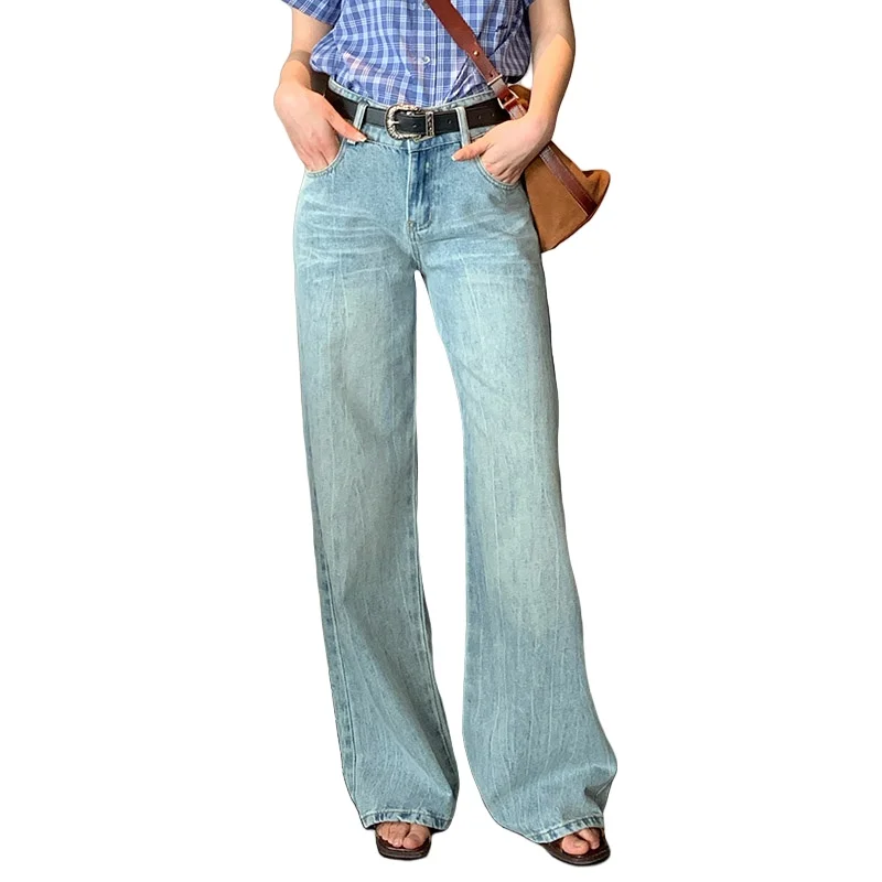 

Spring and Autumn New Vintage High waisted Straight leg Jeans with Wrinkle Processing Washed Blue Casual Fashion Pants