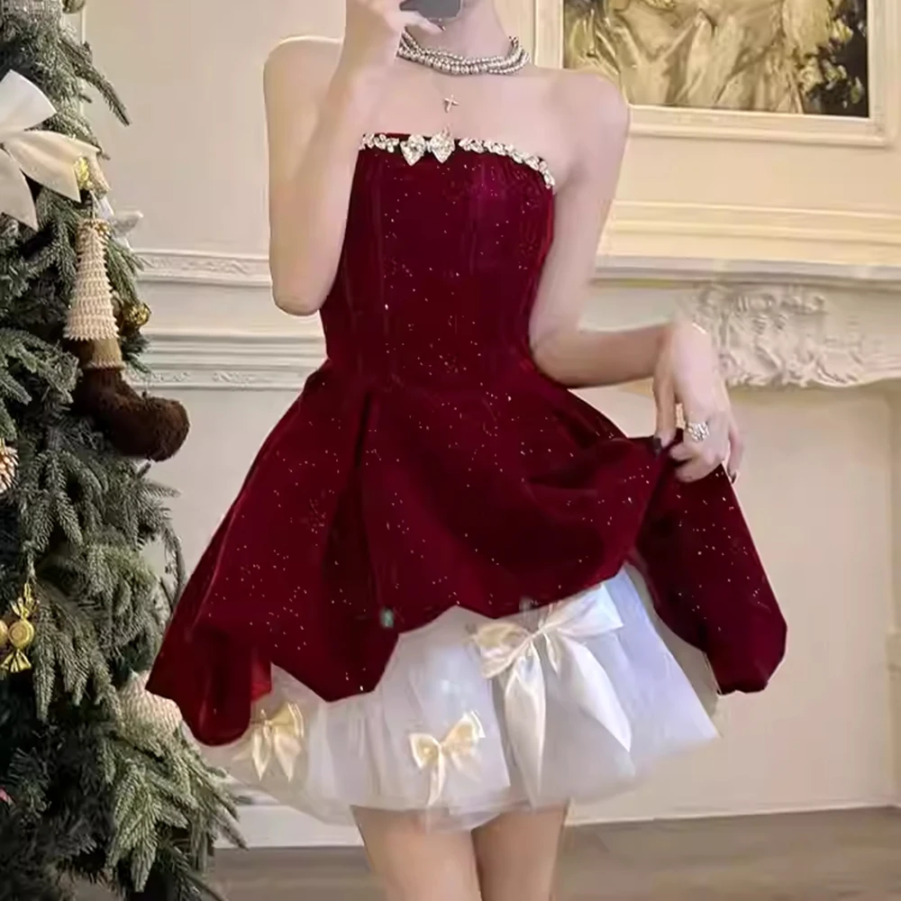 

Рождественское короткое платье с юбкой по индивидуальному заказу, без бретелек, без рукавов, модное изысканное платье с бантом и кристаллами, расшитое блестками, с открытой спиной, сексуальное вечернее платье