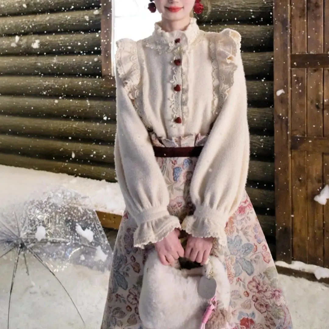 Autumn and Winter Temperament Slimming French Retro Design Feeling Gentle Ruffle Edge Shirt Half Body Skirt Set