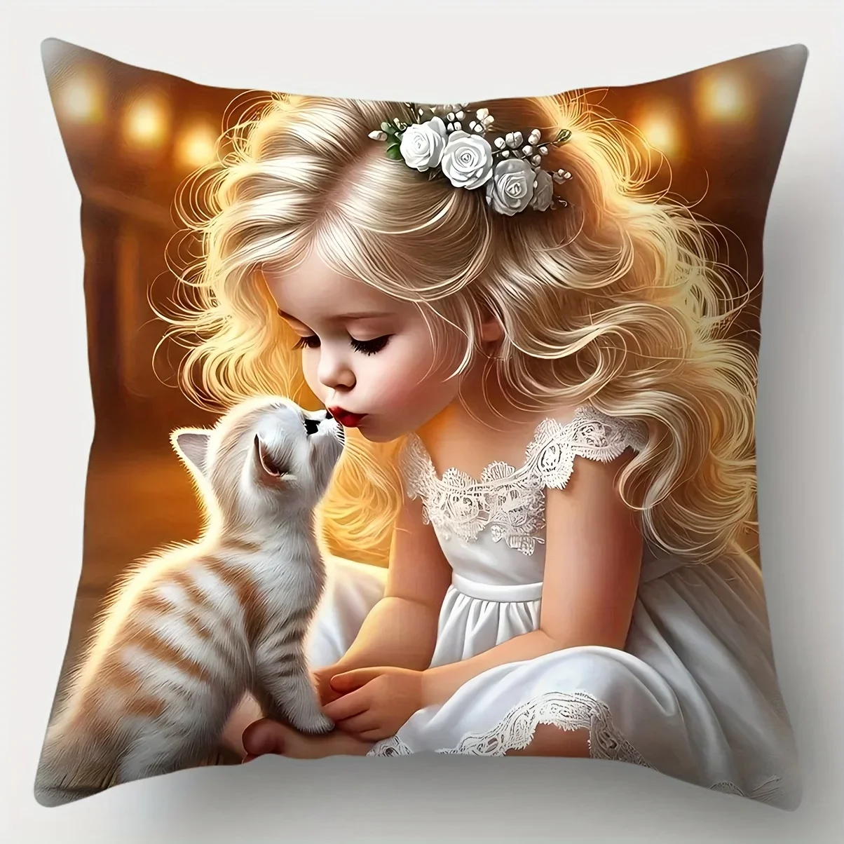 Warm Healing Series Pillowcases, Featuring A Beautiful and Adorable Little Girl with A Puppy,Sweet Kiss Mark Design