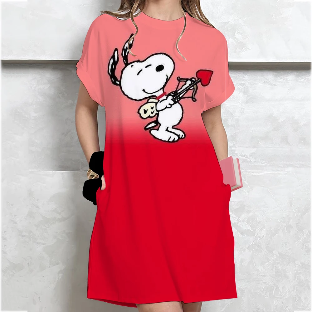 Zomer losse steek print T-shirt jurk dameskleding student middellange jurk met korte mouwen cartoon stijl polyester stof