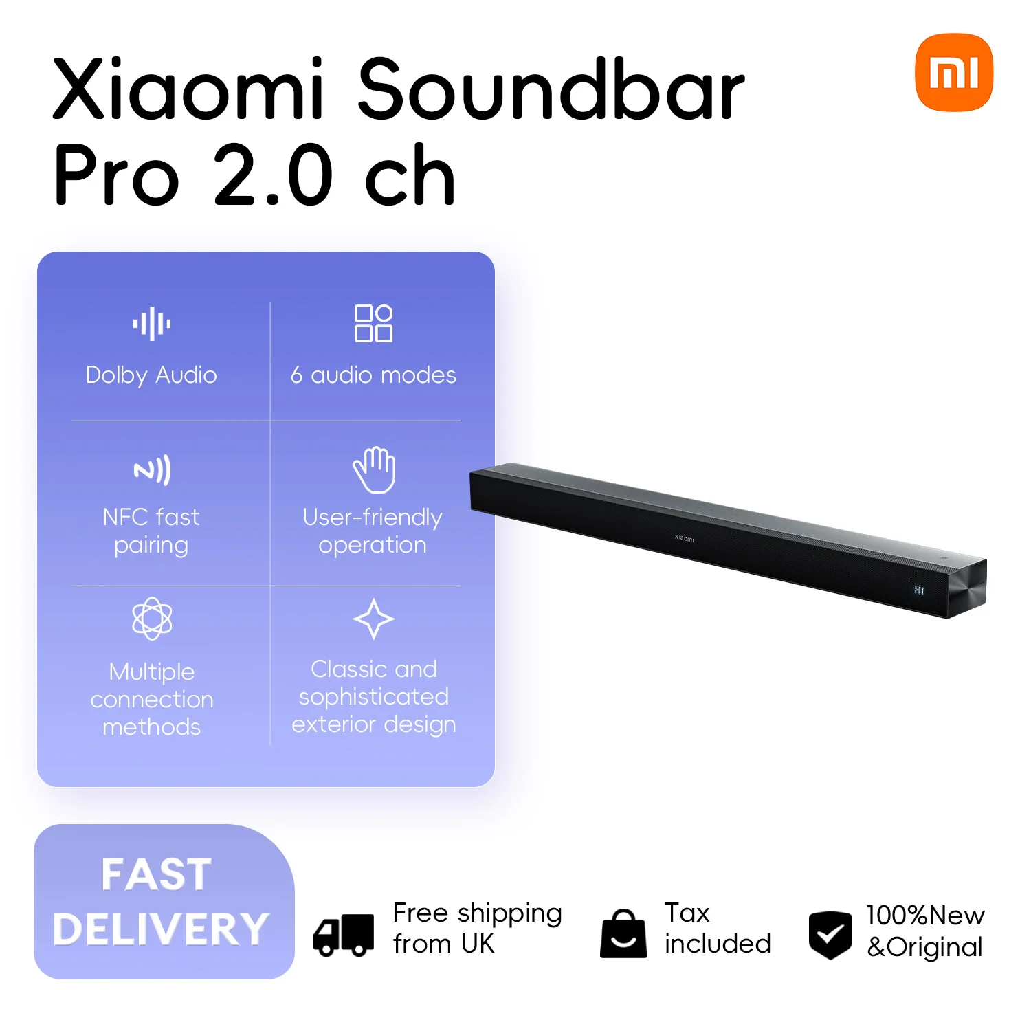 Xiaomi Soundbar Pro 2.0 ch NS5-GB, Dolby Audio 6 Audio Modes Multiple Connection Methods NFC Fast Pairing Perfect TV Companion with Extraordinary Sound Quality
