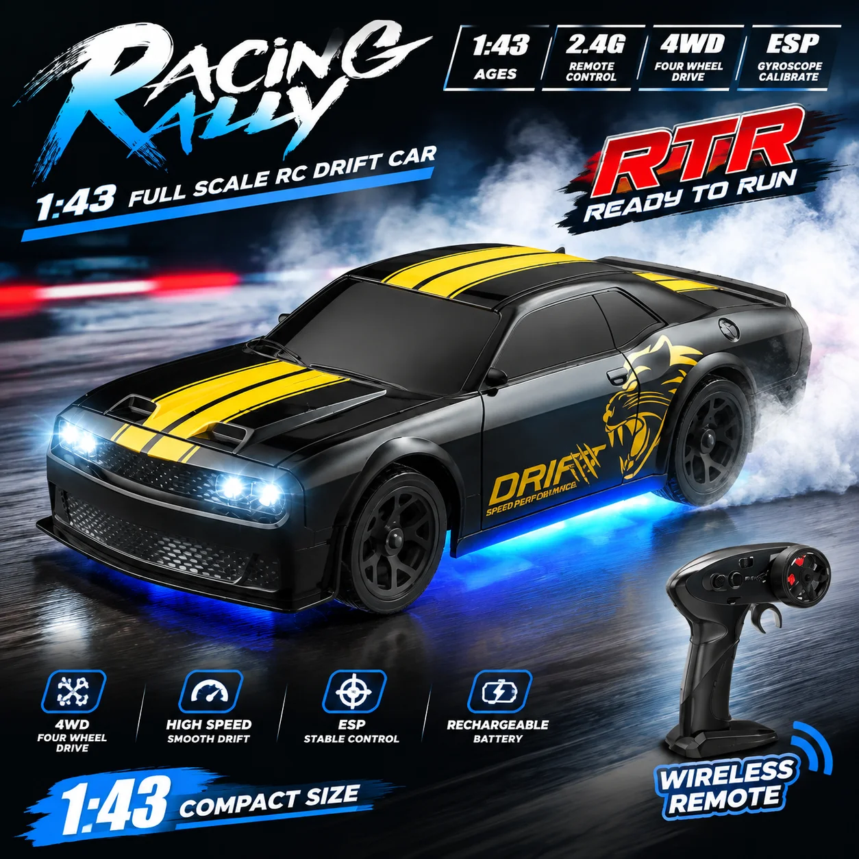 Hb 1:43 RC Drift Car GTR R34 2.4G 4WD ESP Gyro App Operated DIY White Body Shell Swap Tires Full Proportional Ready To Run