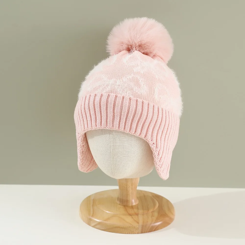 

Children Beanies Cap Winter Warm Earmuffs Cap Velvet Lining Girl Pink Bow Kids Woolen Knit Hat For 2-10 Yeas Old