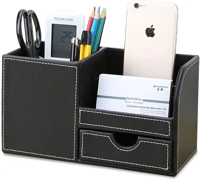 

Desk Organizer Office Supplies Caddy Pu Leather Multi-function Storage Box Pen/Pencil,Cell phone, Business Name Cards Remote