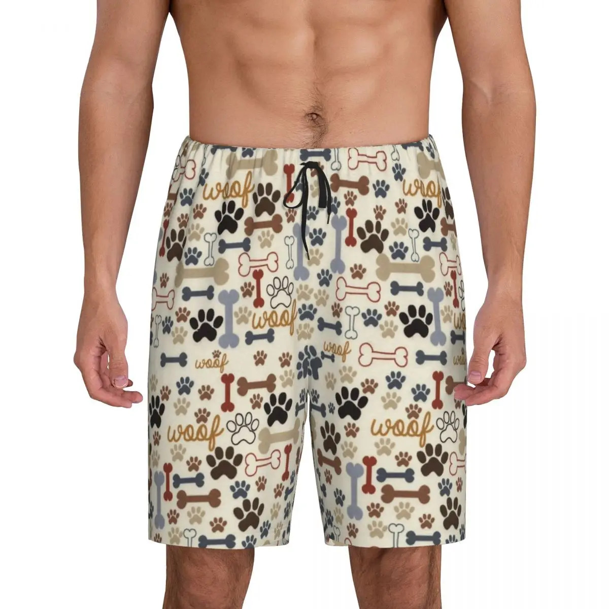 Custom Print Men Dog Bones And Paw Prints Pattern Pajama Bottoms Sleepwear Pjs Sleep Shorts with Pockets