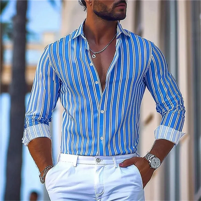 9 Colors Striped Men'S Shirt Business Casual Outdoor Top Spring And Summer Lapel Long-Sleeved Shirt Fashion Button Design 5XL