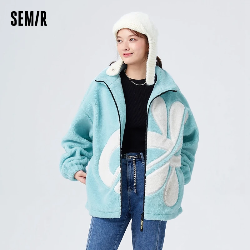 

Semir Coat Women Mid-Length Style Loose Imitation Lamb Wool Winter Personalized Letter Stand Collar Coat