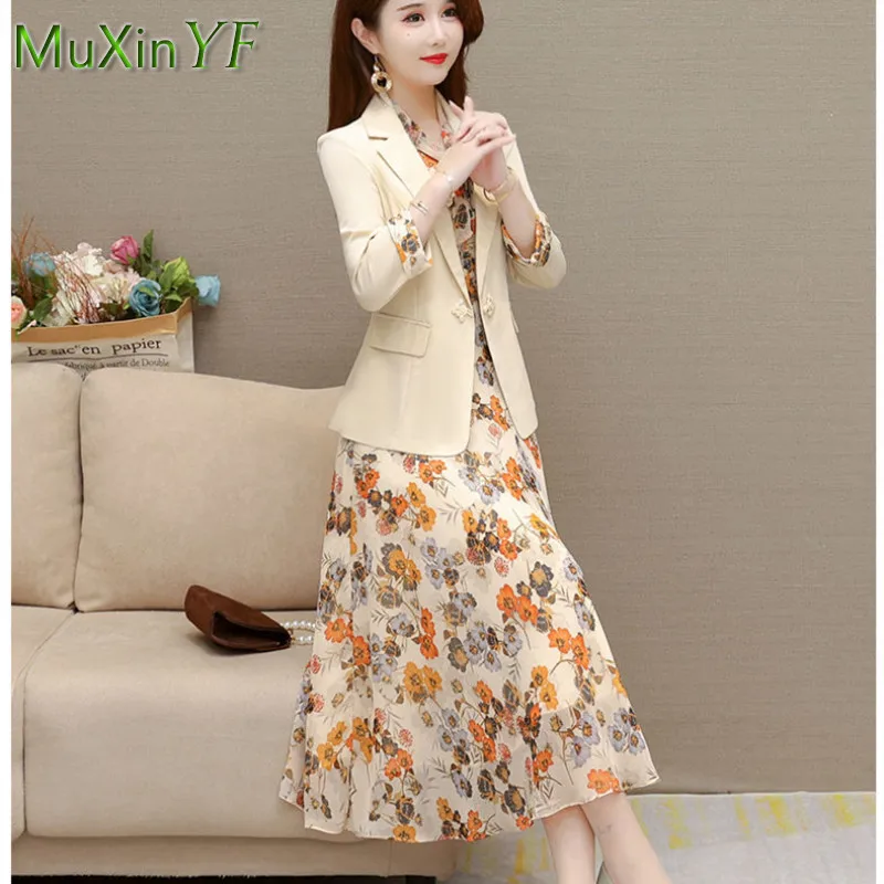 Korean Elegant Suit Jacket Dress Set Women's Autumn New Fashion Blazer Coat Chiffon Floral Dresses Two Piece Female Clothing