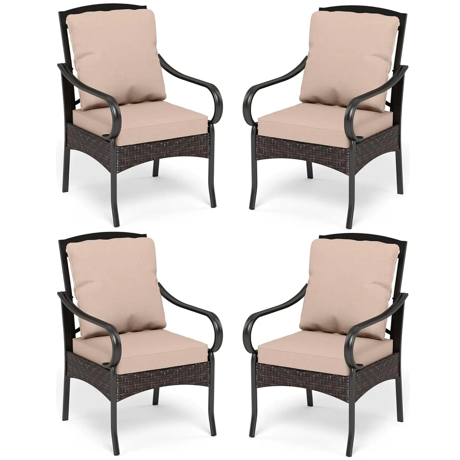 Outdoor Dining Set of 4, Heavy Duty Outdoor Metal Wicker Dining Chair with Thick Cushions, Large All Weather, Customized