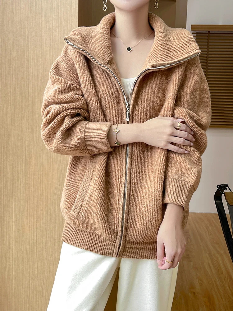 

Женский двухслойный утолщенный махровый кардиган с вышивкой, уютный, 100% мериносовая шерсть, осень-зима, разноцветный воротник, мягкий кардиган на молнии, пальто