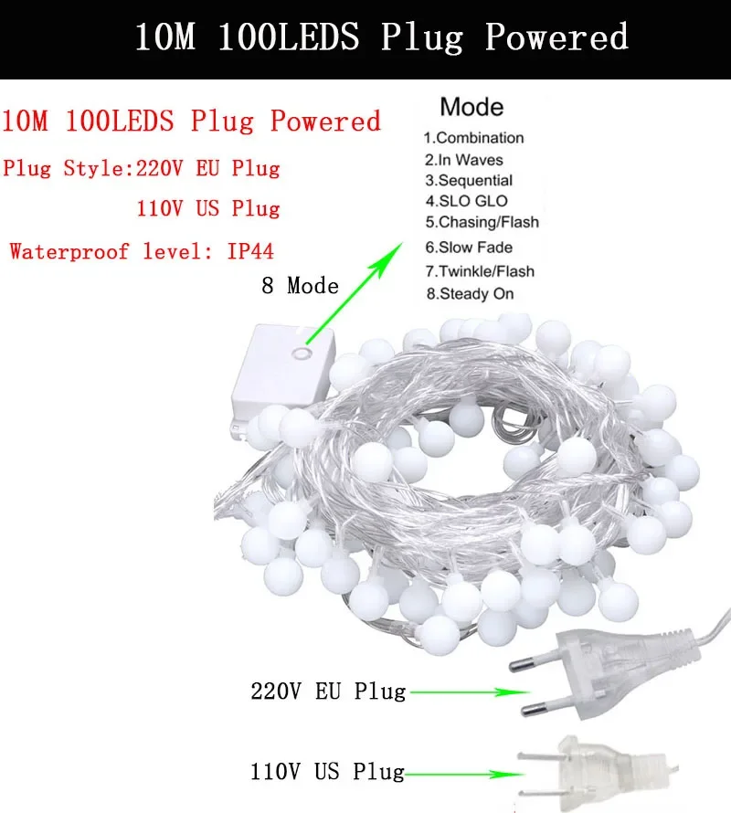 Wodoodporna 10M 100LED 220V/110V girlanda z żarówkami LED w kształcie kulek Christmas Bulb Fairy girlandy na zewnątrz na wakacje lampa ślubny