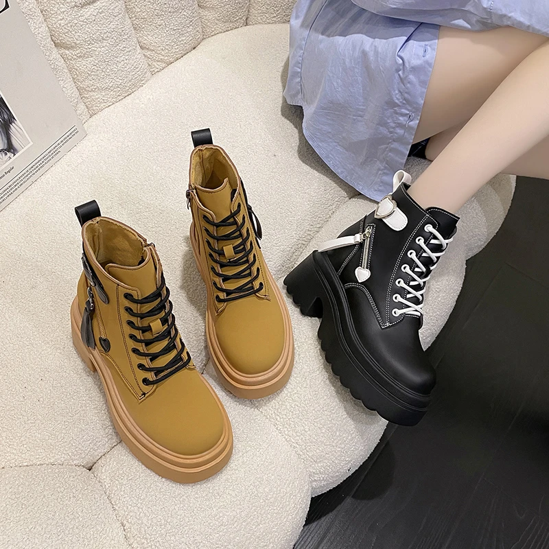 New Arrival jesienne botki damskie wysoka podeszwa buty motocyklowe zimowe sznurowane Chunky Sneakers wygodne skórzane buty 10CM