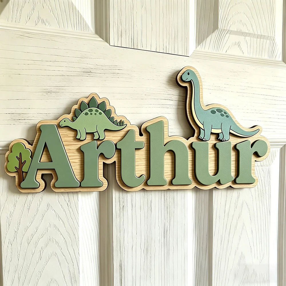 Personalized Dinosaur Duo Name Sign, Wooden Forest Nursery Decor with Stegosaurus & Brachiosaurus, Cute Kids Door Plaque, Unique
