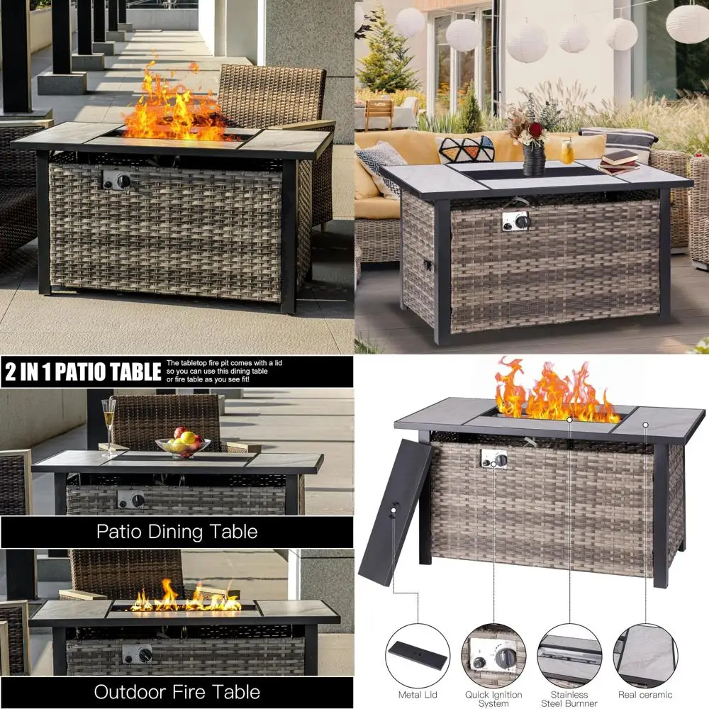 

47 Inch Propane Fire Pit Table with Ceramic Tabletop and Rattan Side Panels, 50,000 BTU Gas Fire Pit with Lid and Glass Rocks